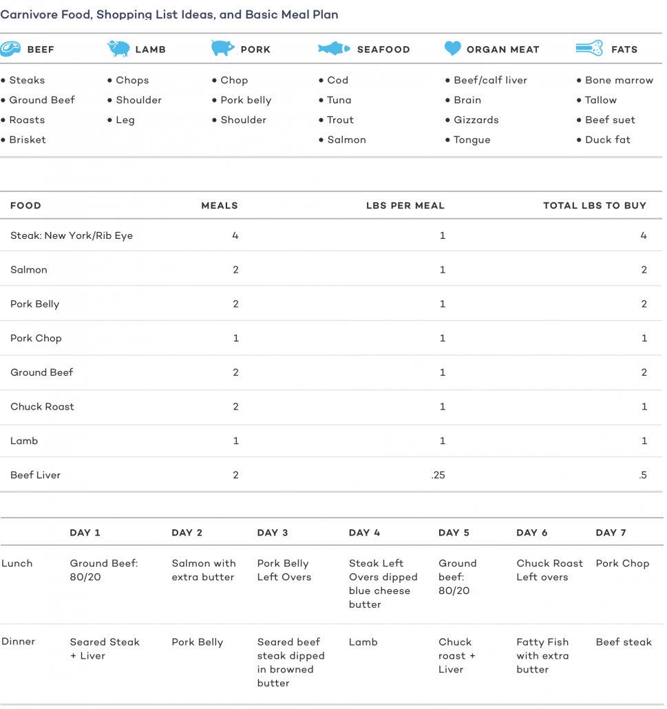 Carnivore Food, Shopping List Ideas, and Basic Meal Plan