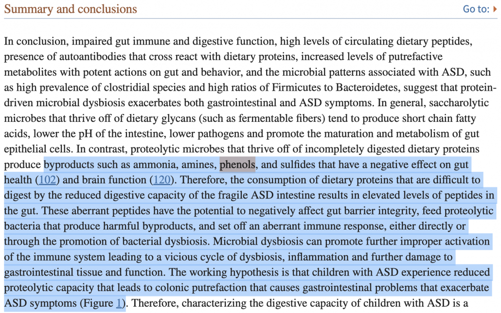 highlighted section of study on autism and phenols