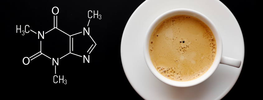 Cup of coffee with the chemical formula of caffeine
