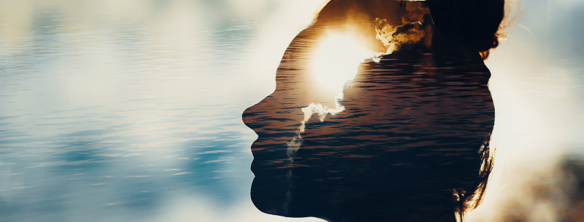 image of a woman's face in profile overlaid with water and sunshine