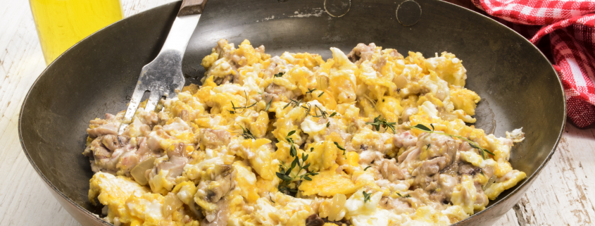Brains and eggs in a pan
