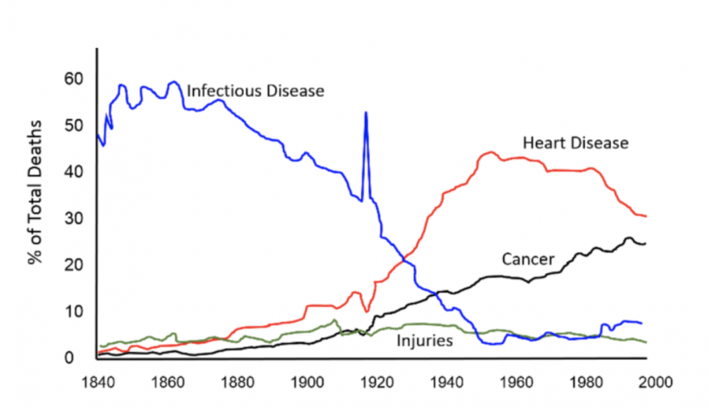 graph showing death from infectious disease with cancer heart disease and injuries