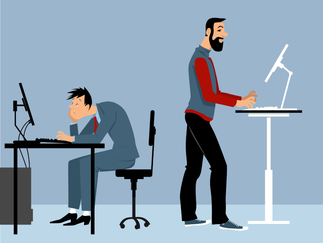 Two man working at the office on the computers, one of them using a standing desk, PS 8 vector illustration