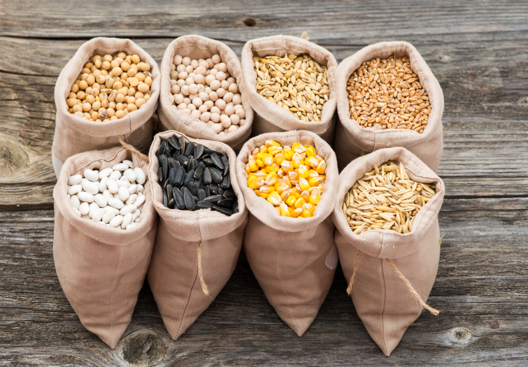 bags with cereal grains (oat, barley, wheat, corn, beans, peas, soy, sunflower)