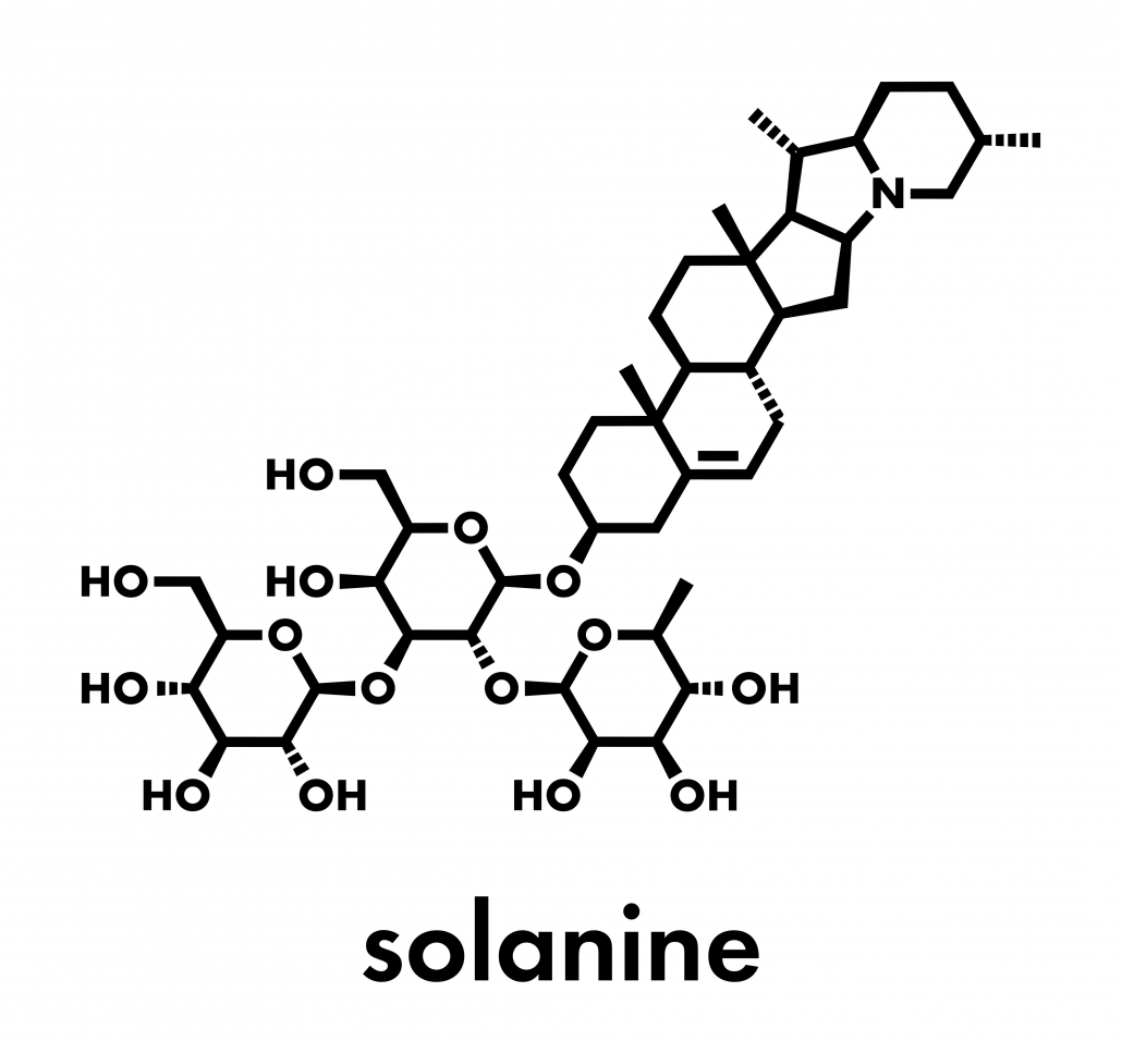 Solanine nightshade poison molecule. Present in potatoes, especially in the green parts. Skeletal formula.