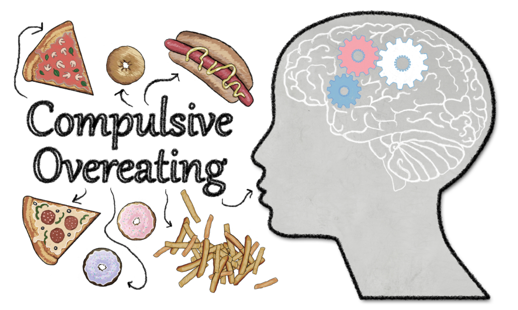 Compulsive Overeating illustrated with Junk Food and Brain Activity on white Background