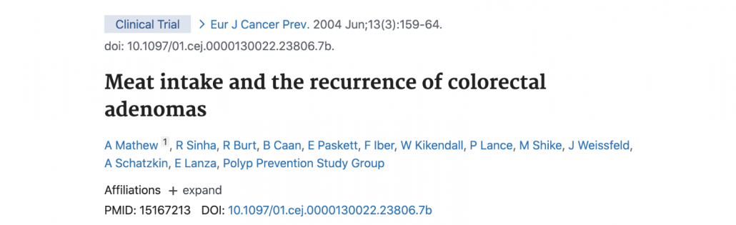 title page from study looking at meat and colorectal ademasat 