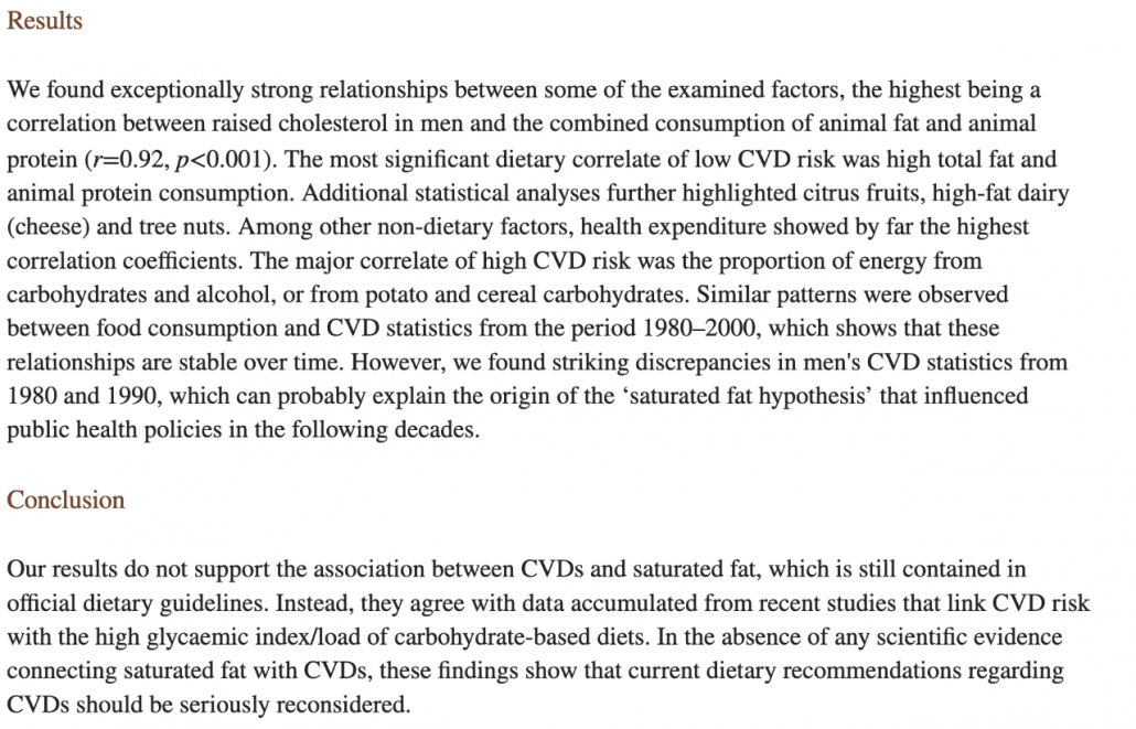 excerpt from study showing no correlation between eating fatty animal products and heart disease