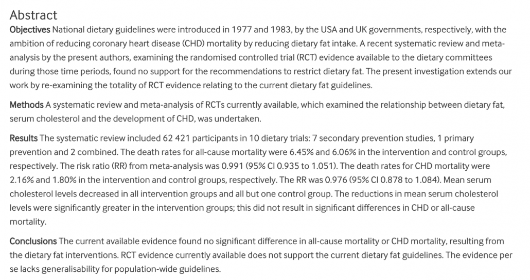 abstract from Harcombe meta analysis of RCTs on fat and heart disease connection