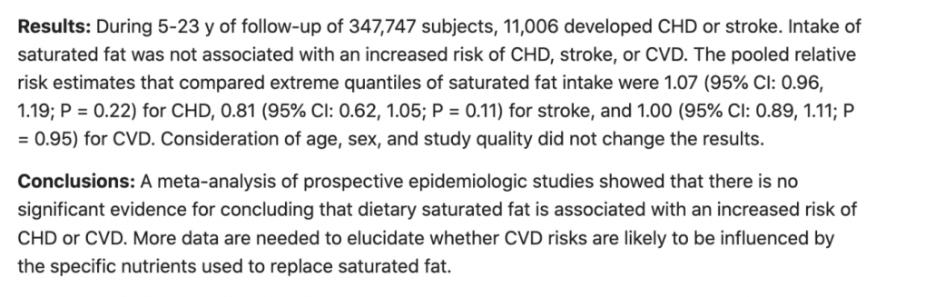 abstract from meta analysis showing no correlation between saturated fat and heart disease