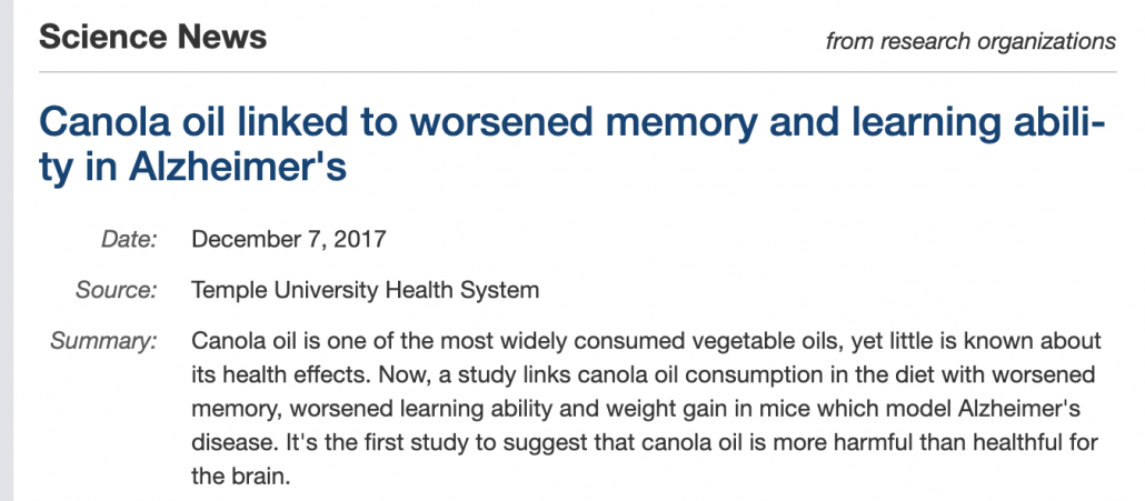 title of study linking canola oil to alzhiemer's 