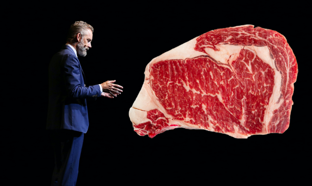 jordan peterson standing before a large ribeye steak