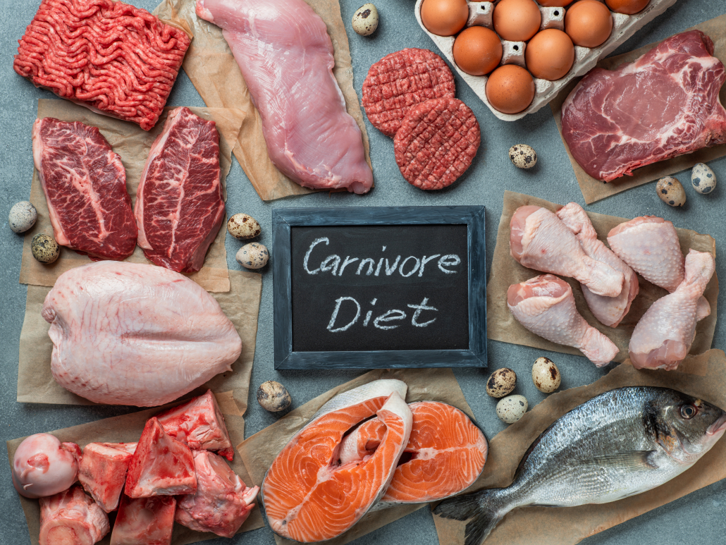 Carnivore diet concept. Raw ingredients for zero carb diet - meat, poultry, fish, seafood, eggs, beef bones for bone broth and words Carnivore Diet on gray stone background. Top view or flat lay.