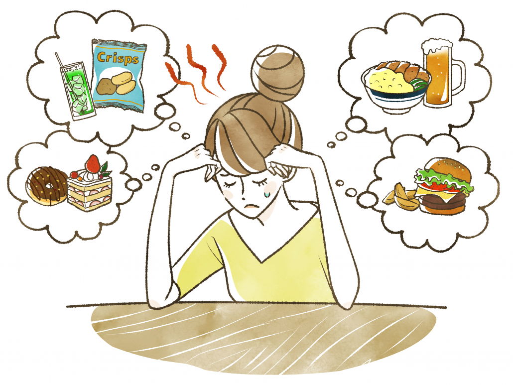 illustration of woman craving food and alcohol