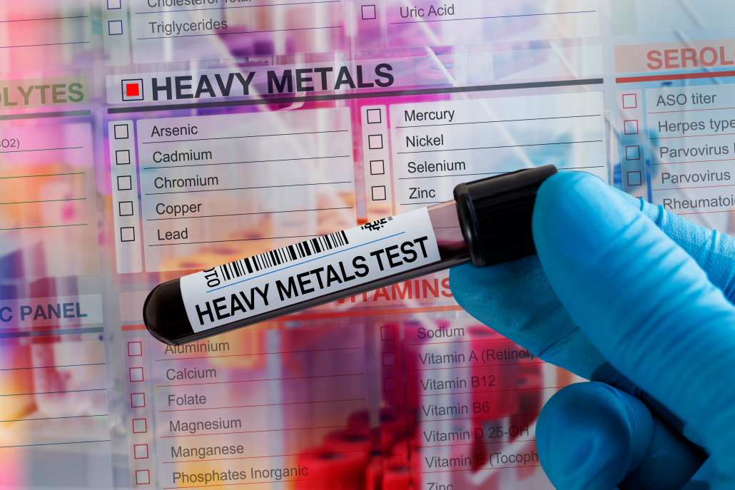 Blood sample tube for analysis heavy metals in laboratory. Blood tube test with requisition form for heavy metals test