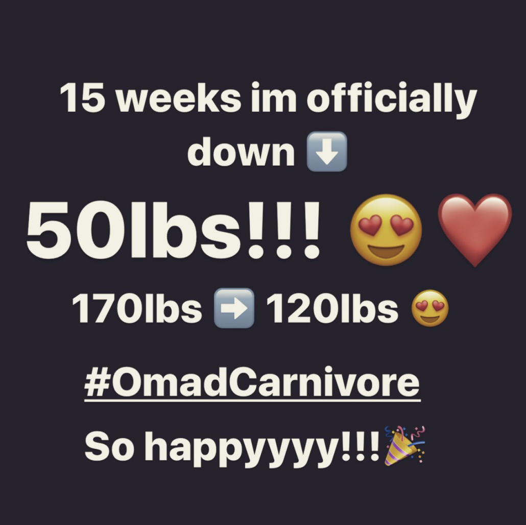 instagram post celebrating losing weight with OMAD and carnivore diet