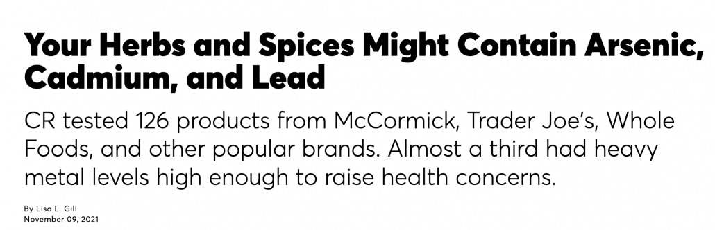 title page of consumer reports article on spice contamination