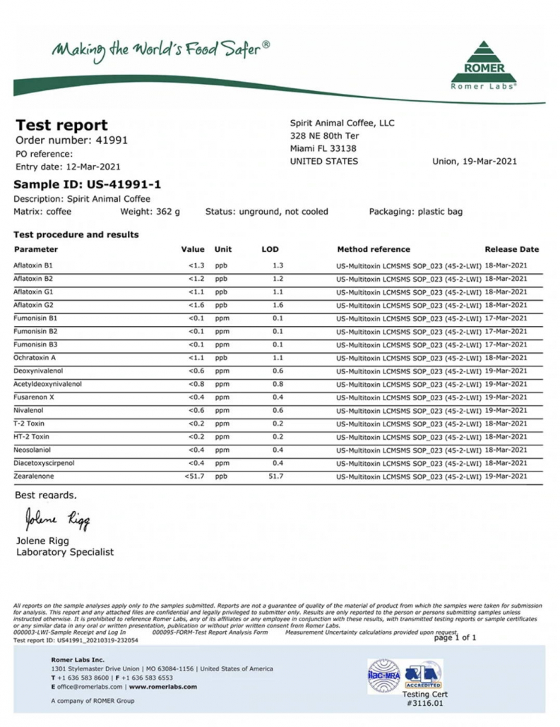 certification list of mycotoxins in coffee