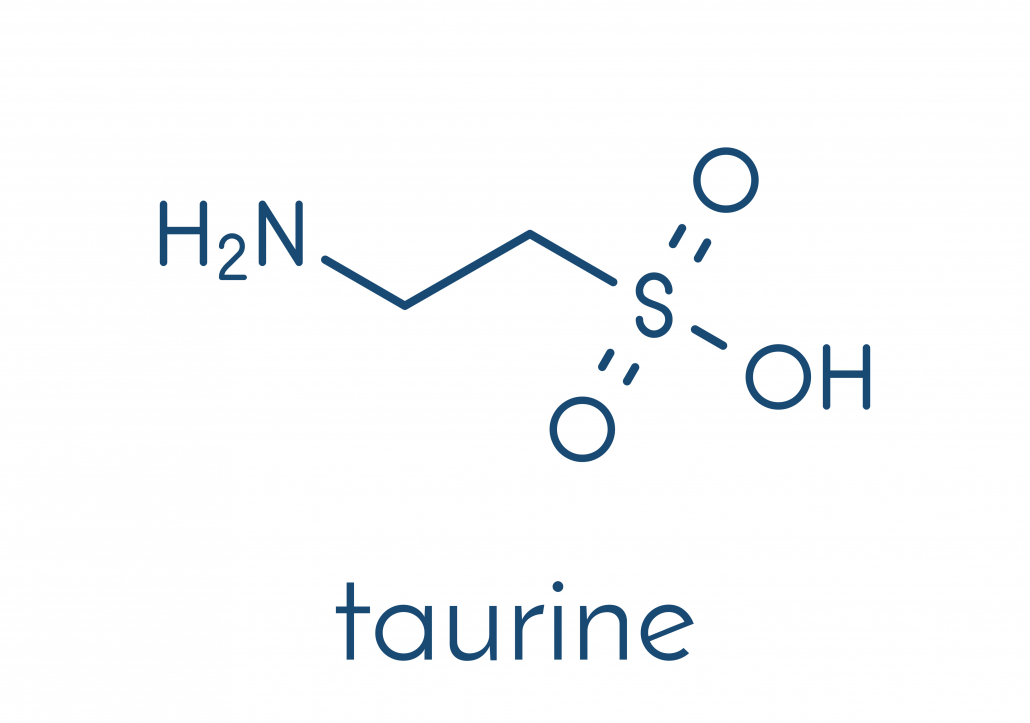 Taurine (2-aminoethanesulfonic acid) molecule. Common ingredient of energy drinks and nutritional supplements. Skeletal formula.