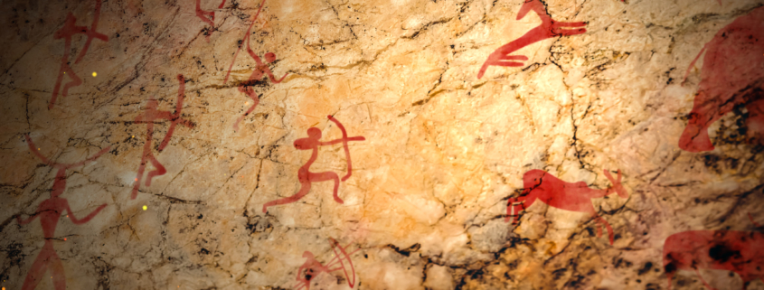 Wonderful 3d rendering of primitive ancient art on a cave wall with figures of people with spears, arrows and bows hunting deer and elephants.