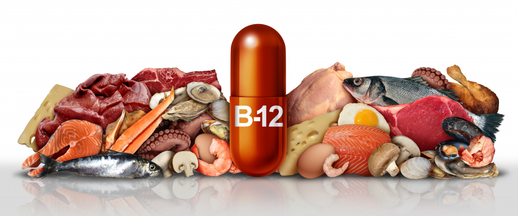 Natural Vitamin B12 nutritional supplement as cobalamin pill supplements as a capsule inside a nutrient pill as a natural medicine health treatment with 3D illustration elements.