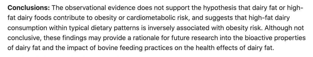 screenshot of conclusion from study showing cheese reduces obesity