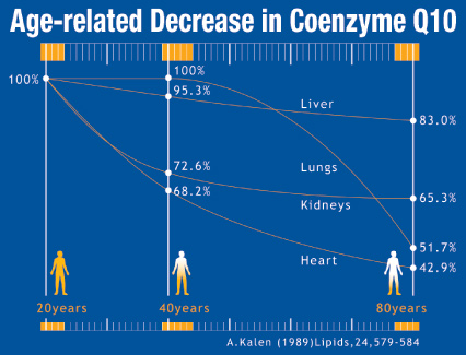 graphic showing decline in CoQ10 with age in various organs