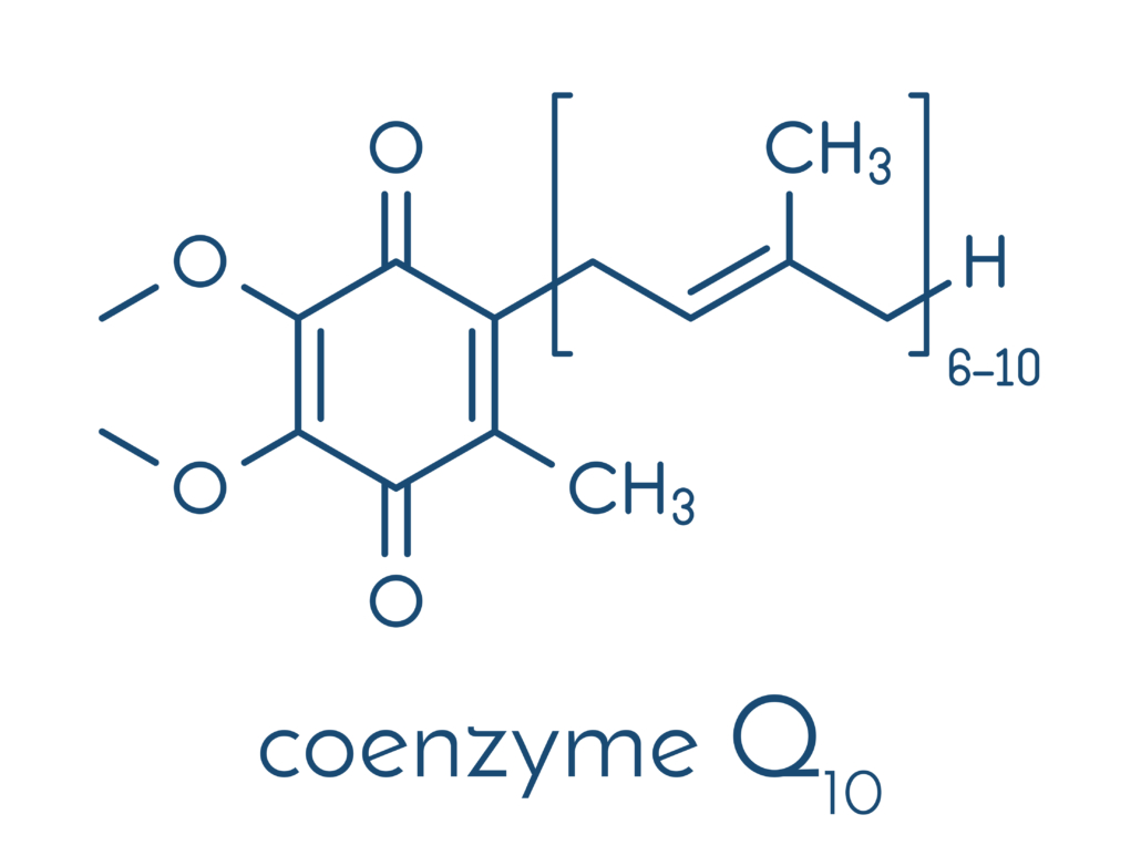 Coenzyme Q10 (ubiquinone, ubidecarenone, CoQ10) molecule, chemical structure. Plays an essential role in the production of cellular energy; has antioxidant properties. Skeletal formula.