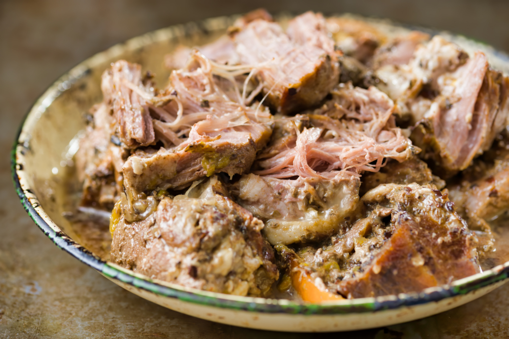 close up of mexican american pork carnitas stew