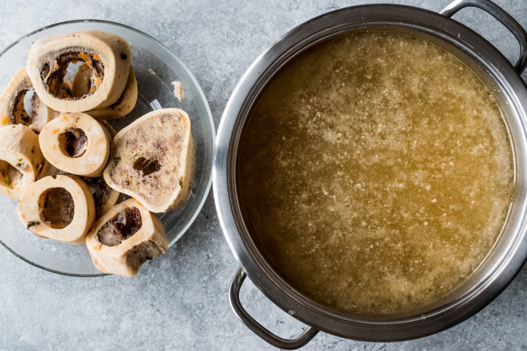 Bone Broth Bouillon in Metal Pan. Organic Food.