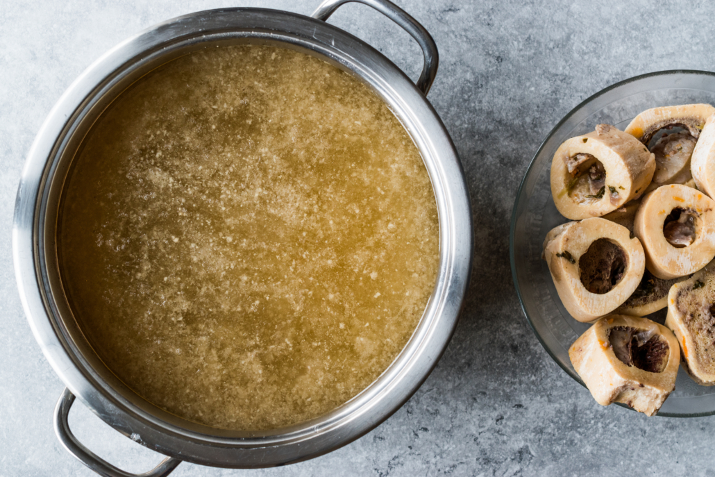 Bone Broth Bouillon in Metal Pan. Organic Food.