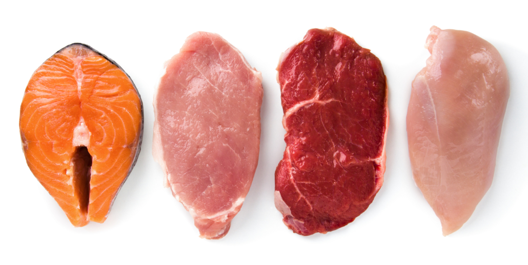 Meat collection on white background. Beef, pork, chicken, fish isolated on white. Set of natural food. Top view. Flat lay.