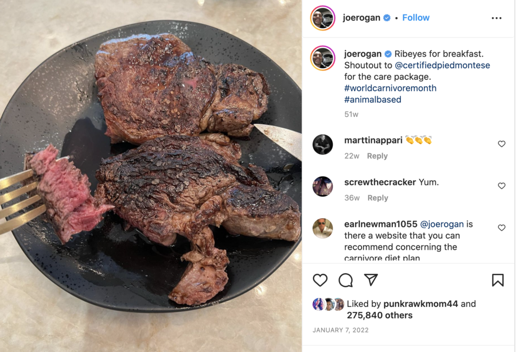 plat of ribeye steak joe rogan instagram 