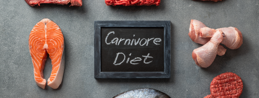 Carnivore diet concept. Raw ingredients for zero carb diet - meat, poultry, fish, seafood, eggs, beef bones for bone broth and words Carnivore Diet on gray stone background. Top view or flat lay.