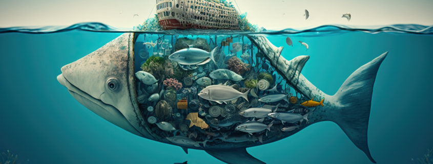Overfishing and depletion of ocean resources, concept of Pollution and Habitat Loss, created with Generative AI technology