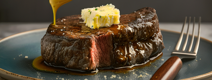 Scrumptious medium rare steak with appetizing melting butter with herbs on top gravy sauce pouring from spoon above. Delicious food restaurant menu concept