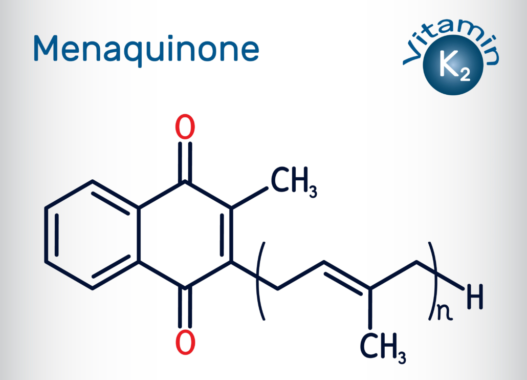 Vitamin K2, menaquinone molecule. Menatetrenone, MK-4, MK-5, menachinon-7, MK-7, MK-9. Skeletal chemical formula. Vector illustration