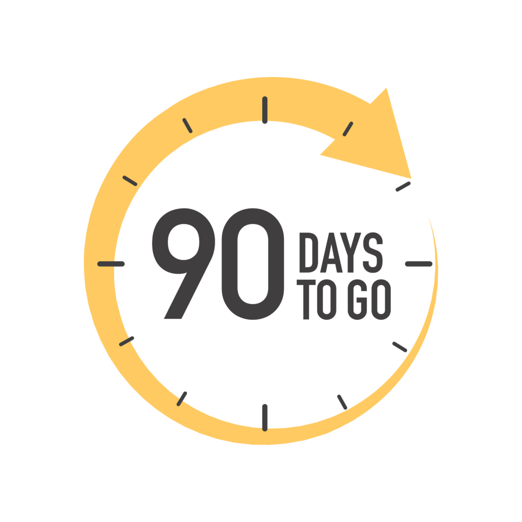 Ninety days to go icon. Round symbol with yellow arrow.