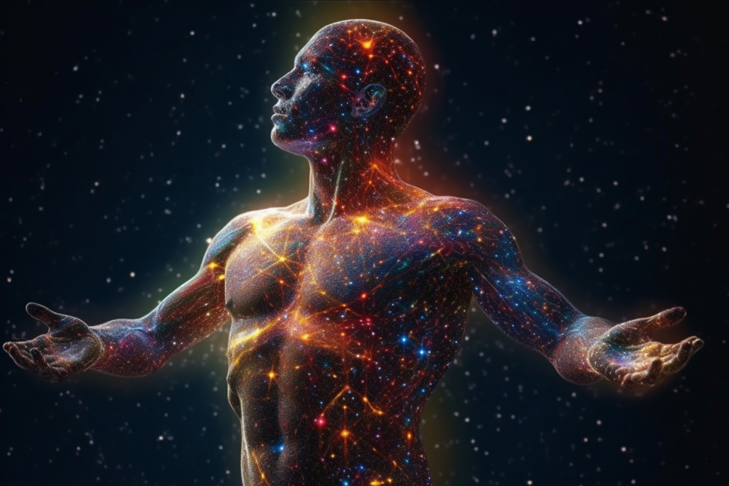 person's body composed of constellations, highlighting the notion that we are made of stars and connected to the celestial fabric of the universe. Generative AI technology.
