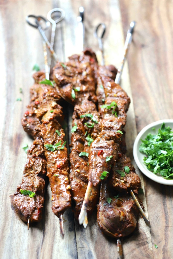 close up of grilled beef liver kebab