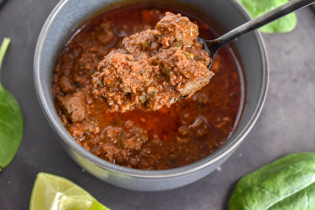 close up of keto beef liver chili in pot