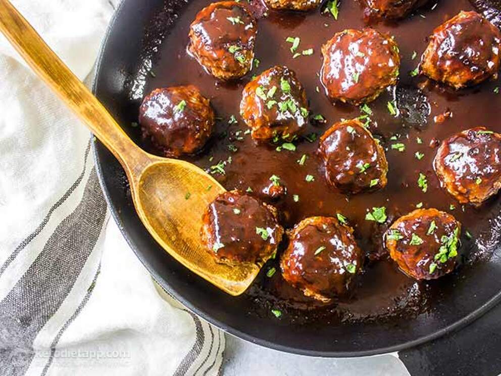 close up of keto bbq beef liver meatballs in skillet