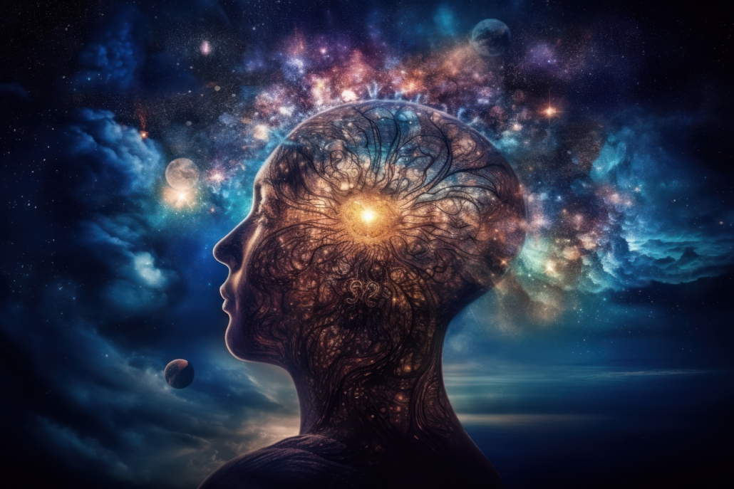 Brain waves thinking, concentration and awareness. Trans cognitive consciousness spiritual background concept. Generative ai.