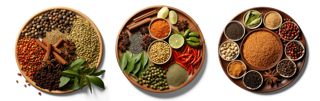 A top view of various Indian spices and seasonings on wooden plates isolated over a transparent background