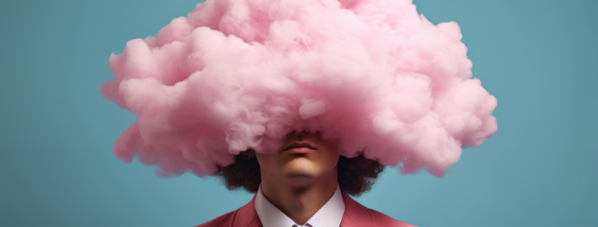 Man with pink cloud instead of head. Dreaming mind surreal abstract brain concept on blue background
