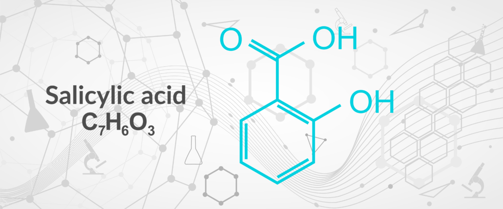 Salicylic acid molecule. Used in cosmetics, in dermatological medicines. Skeletal formula
