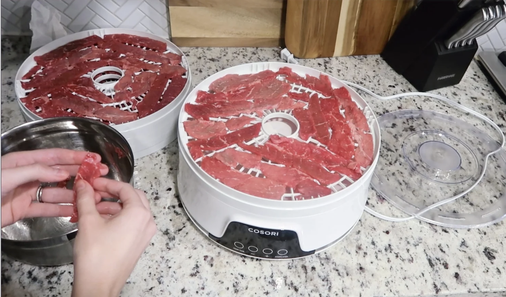 dehydrator with thinly sliced beef