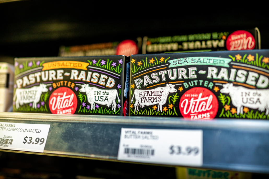 Herndon, USA - March 25, 2021: Closeup of pasture raised grass fed whole butter pack packaged in colorful package of Vital Farms brand on retail shelf display