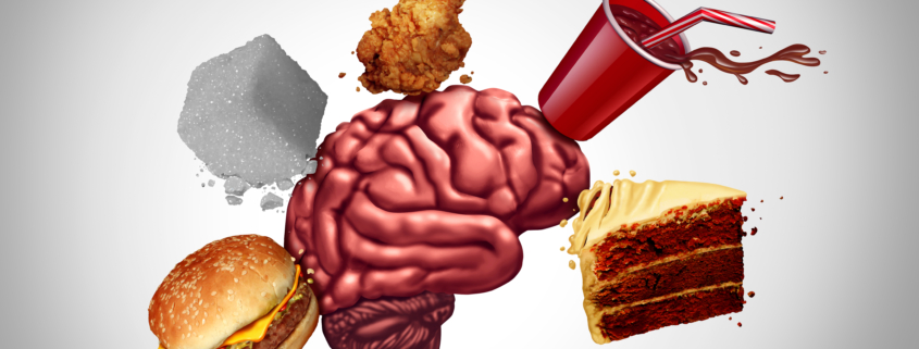 Junk food brain health and unhealthy nutrition choices for mental function as a human thinking organ being hit by a cheeseburger sugar soft dring fried chicken and cake with 3D illustration elements.