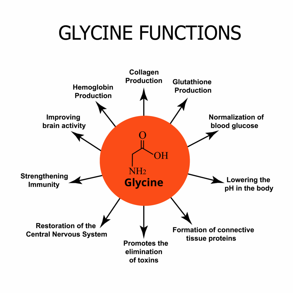 The functions of glycine. Amino acid glycine chemical molecular formula. Vector illustration on isolated background.